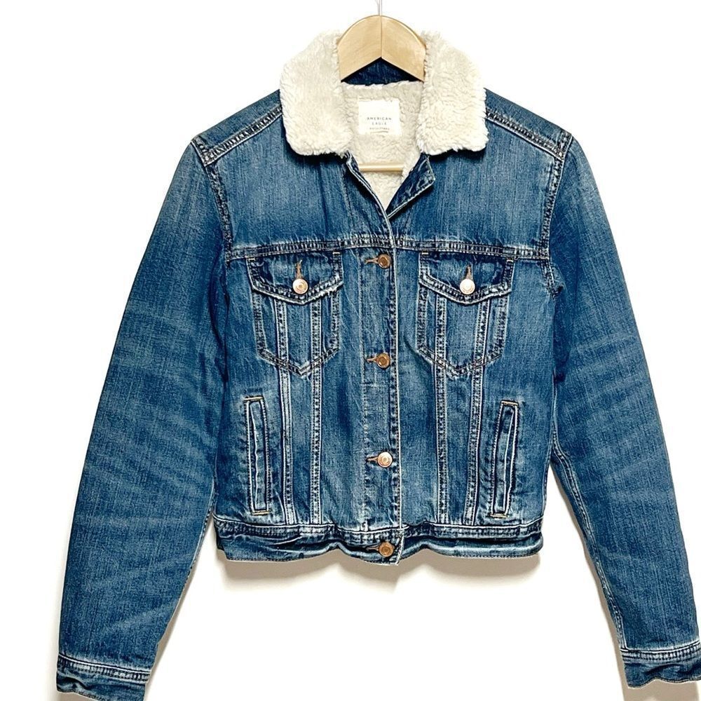 New American Eagle Sherpa Lined Denim Trucker Jacket Womens XS